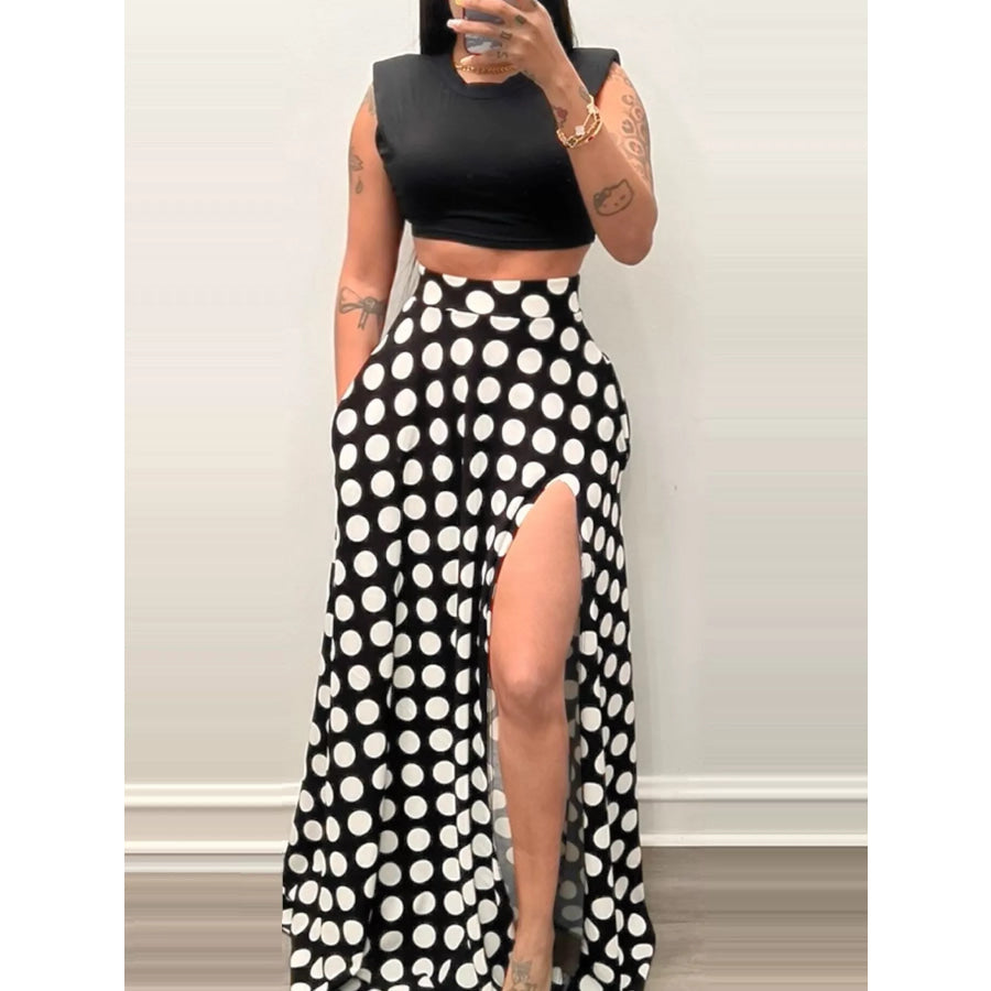 Polka Dot High Slit Maxi Skirt Apparel and Accessories