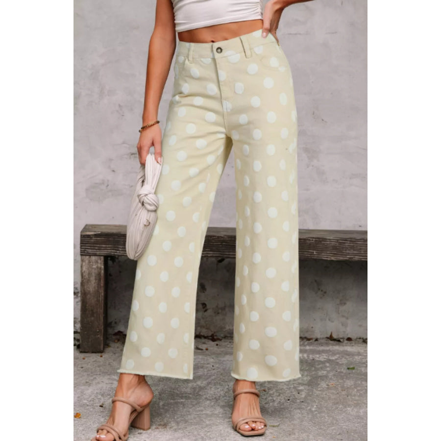 Polka Dot High-Waisted Wide Leg Jeans Ivory / 4 Apparel and Accessories