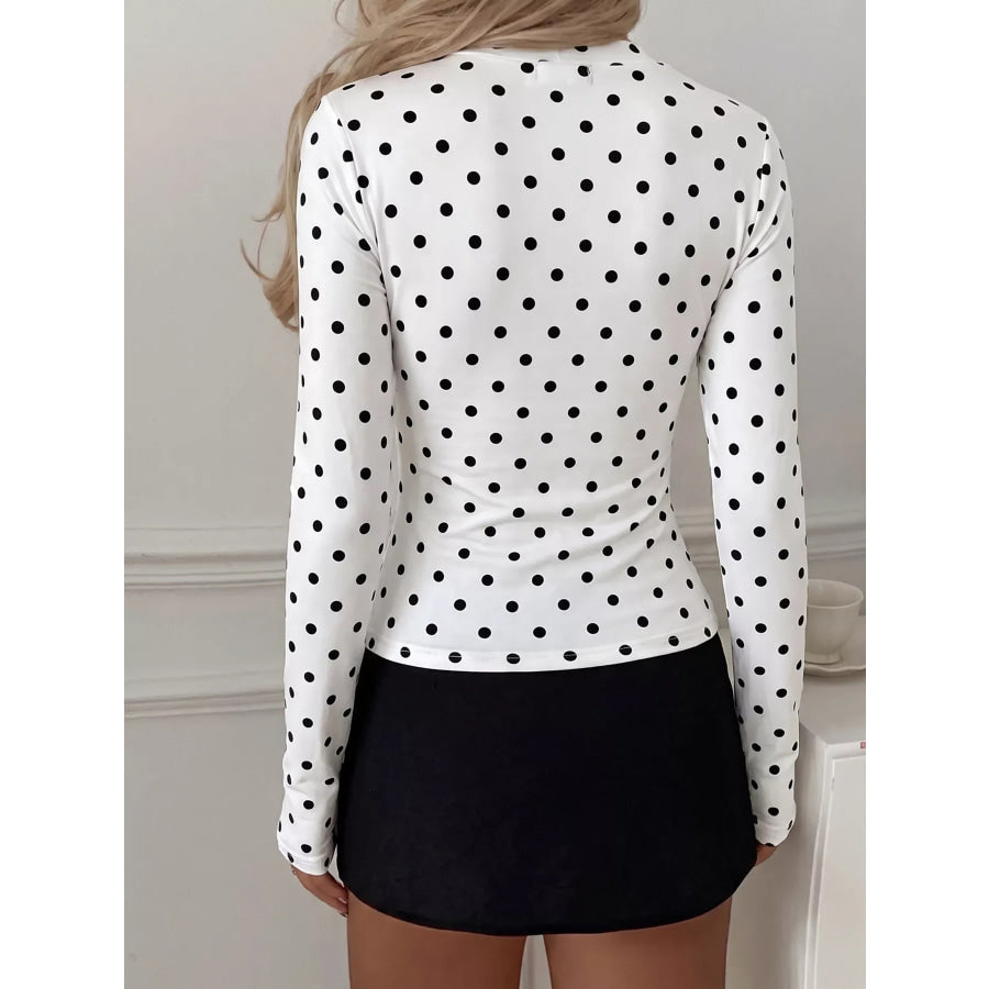 Polka Dot Keyhole Long Sleeve Slim Fit T-Shirt Apparel and Accessories