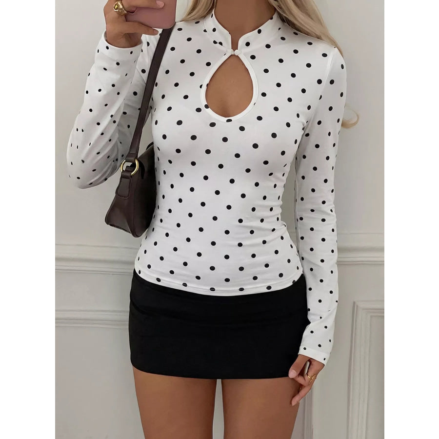 Polka Dot Keyhole Long Sleeve Slim Fit T-Shirt Apparel and Accessories
