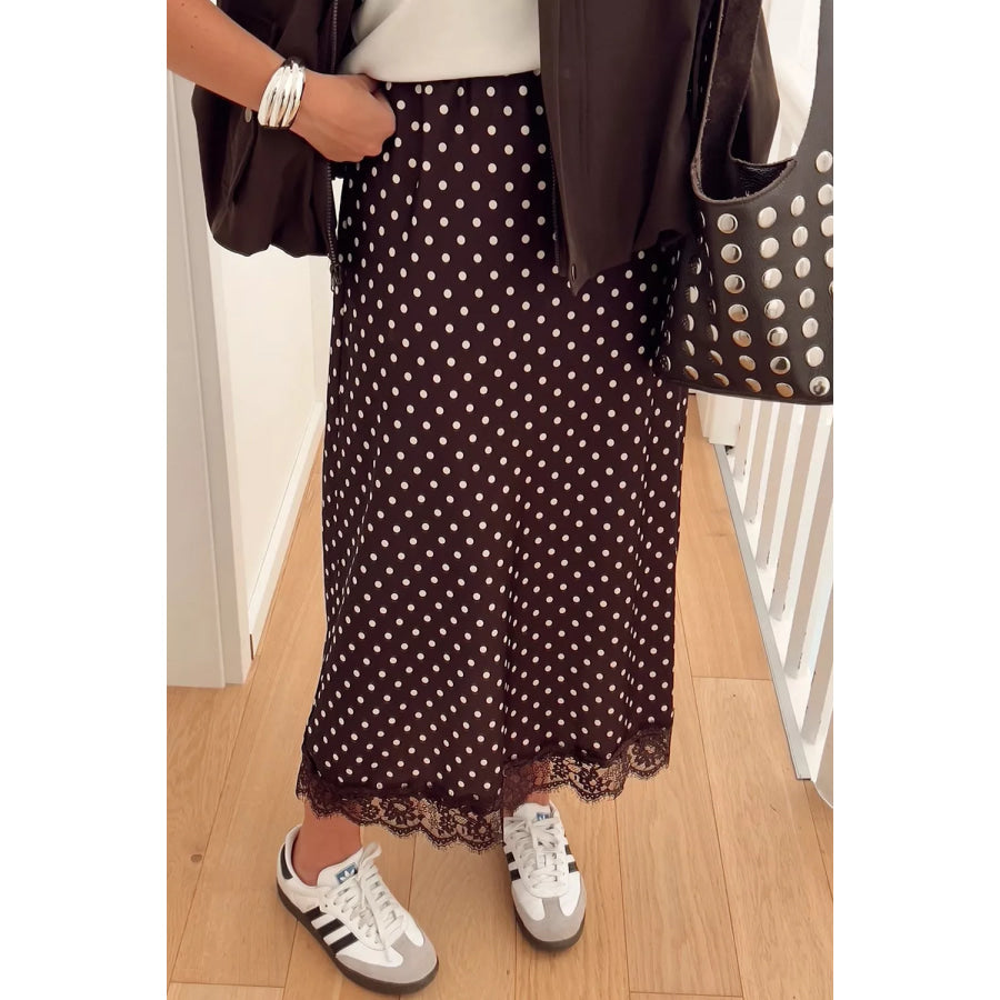 Polka Dot Lace Hem Elegant Long Shift Skirt Dark Brown / S Apparel and Accessories