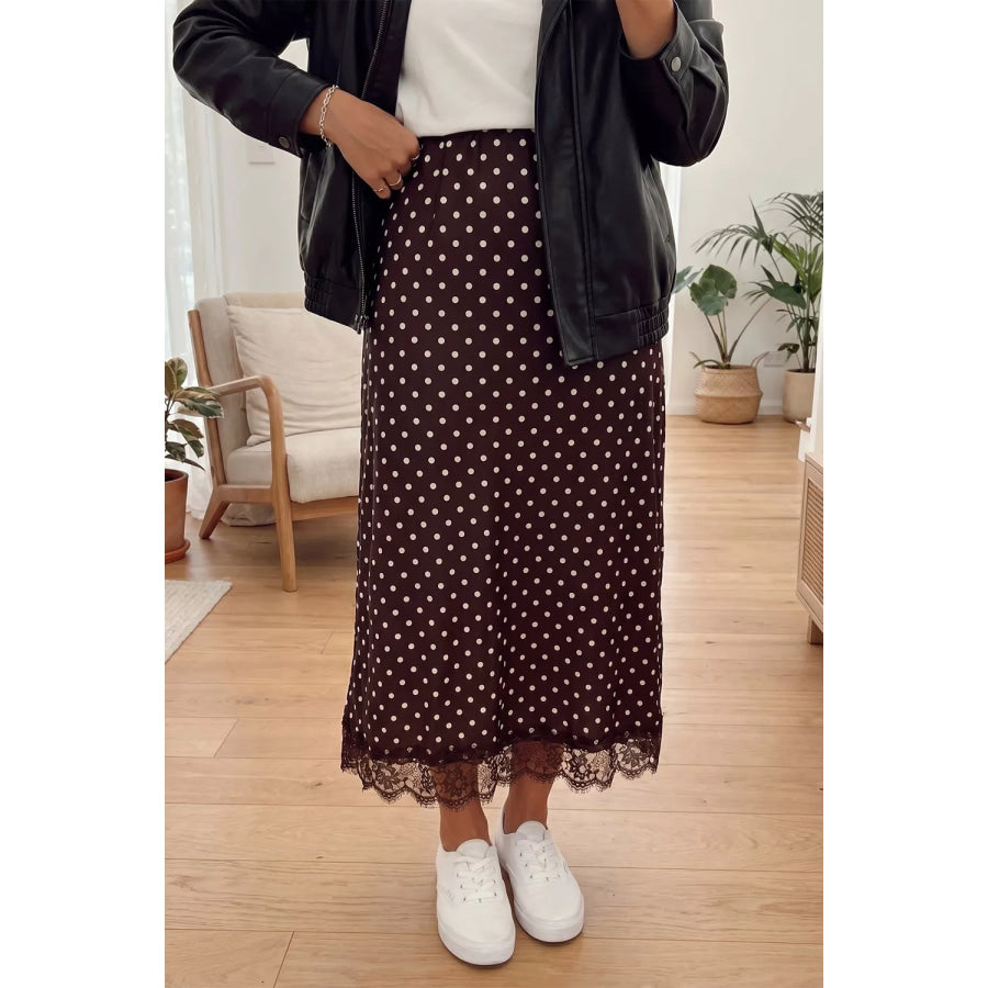 Polka Dot Lace Hem Elegant Long Shift Skirt Dark Brown / S Apparel and Accessories
