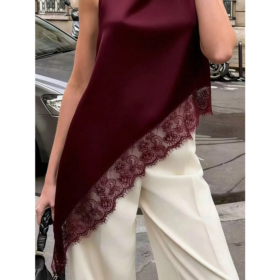 Polka Dot Lace Trim Asymmetrical Hem Sleeveless Blouse Apparel and Accessories