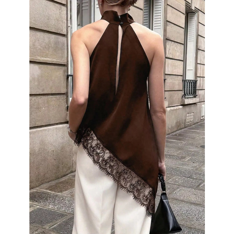 Polka Dot Lace Trim Asymmetrical Hem Sleeveless Blouse Apparel and Accessories