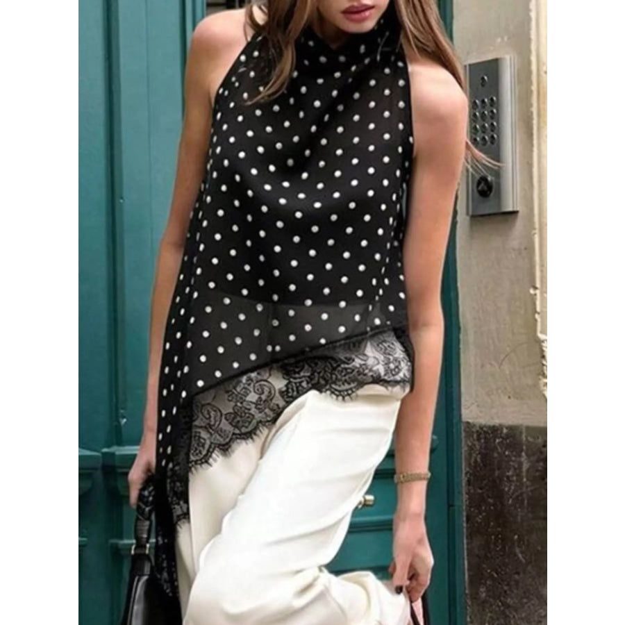 Polka Dot Lace Trim Asymmetrical Hem Sleeveless Blouse Apparel and Accessories