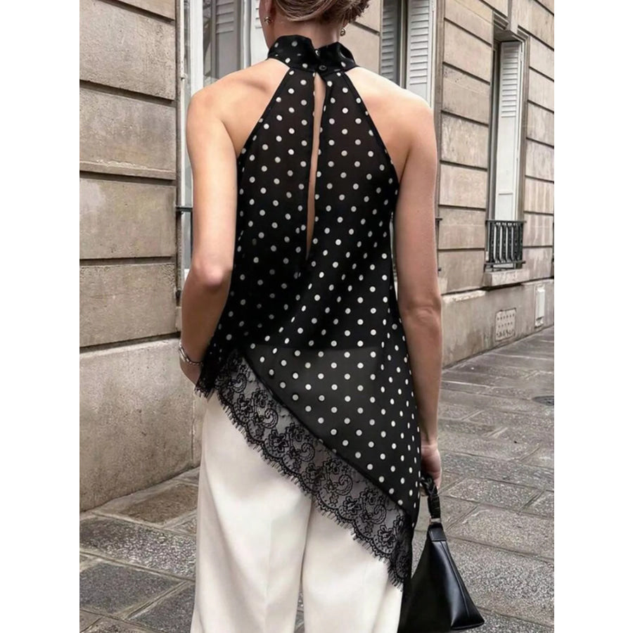 Polka Dot Lace Trim Asymmetrical Hem Sleeveless Blouse Apparel and Accessories