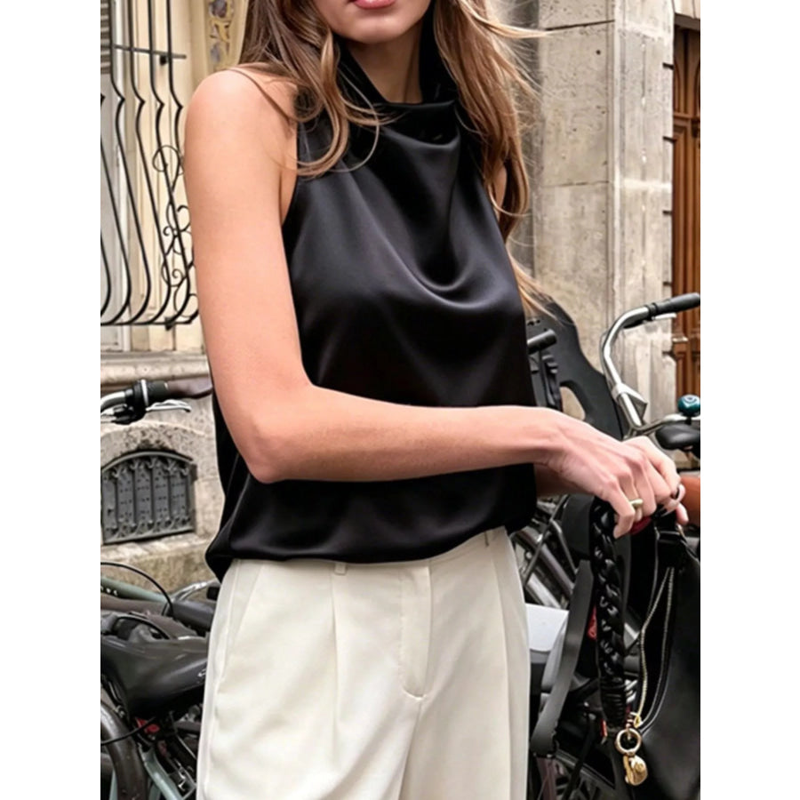 Polka Dot Lace Trim Asymmetrical Hem Sleeveless Blouse Apparel and Accessories