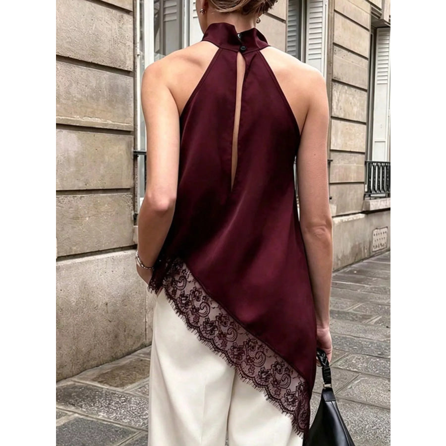 Polka Dot Lace Trim Asymmetrical Hem Sleeveless Blouse Apparel and Accessories