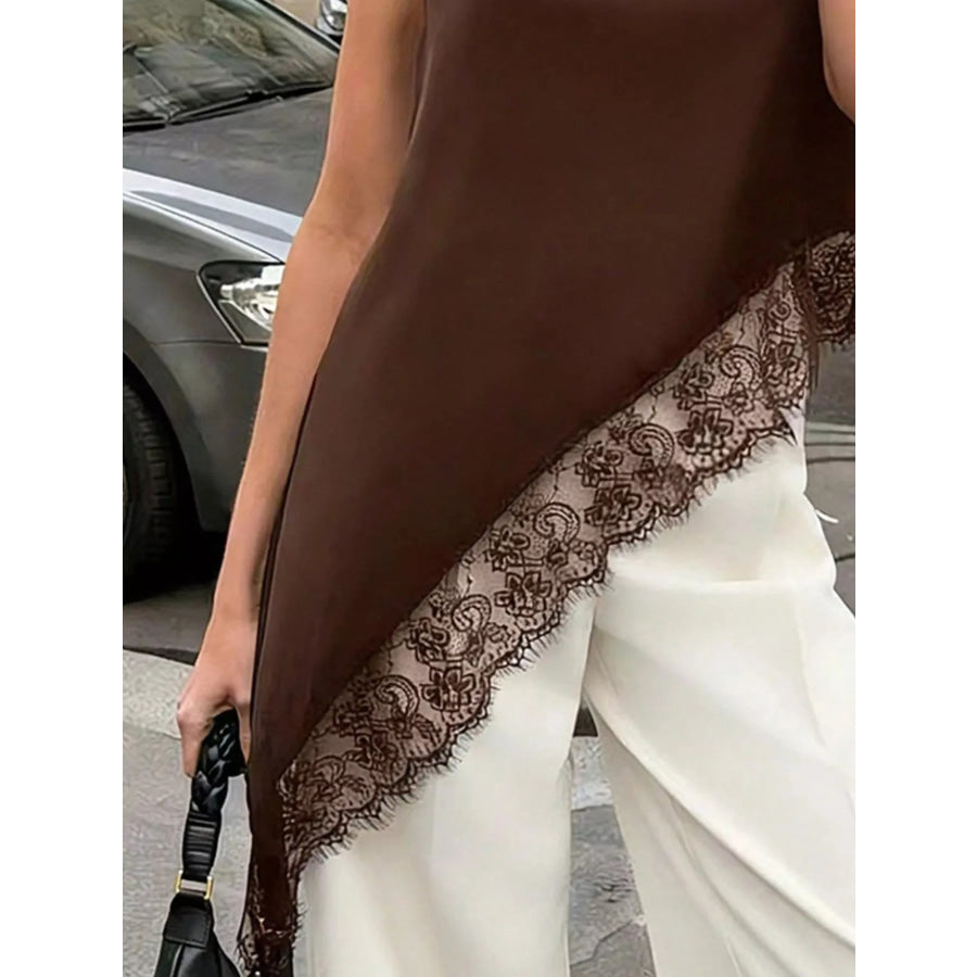 Polka Dot Lace Trim Asymmetrical Hem Sleeveless Blouse Apparel and Accessories