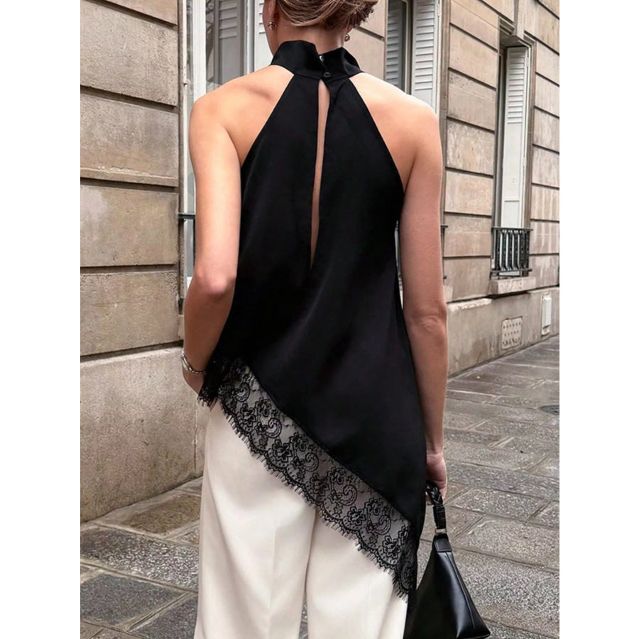 Polka Dot Lace Trim Asymmetrical Hem Sleeveless Blouse Apparel and Accessories