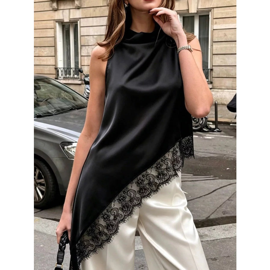 Polka Dot Lace Trim Asymmetrical Hem Sleeveless Blouse Black / S Apparel and Accessories