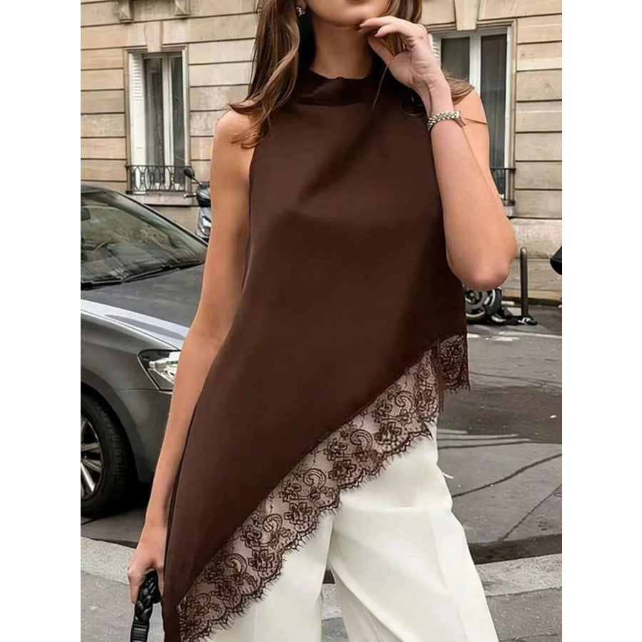 Polka Dot Lace Trim Asymmetrical Hem Sleeveless Blouse Brown / S Apparel and Accessories