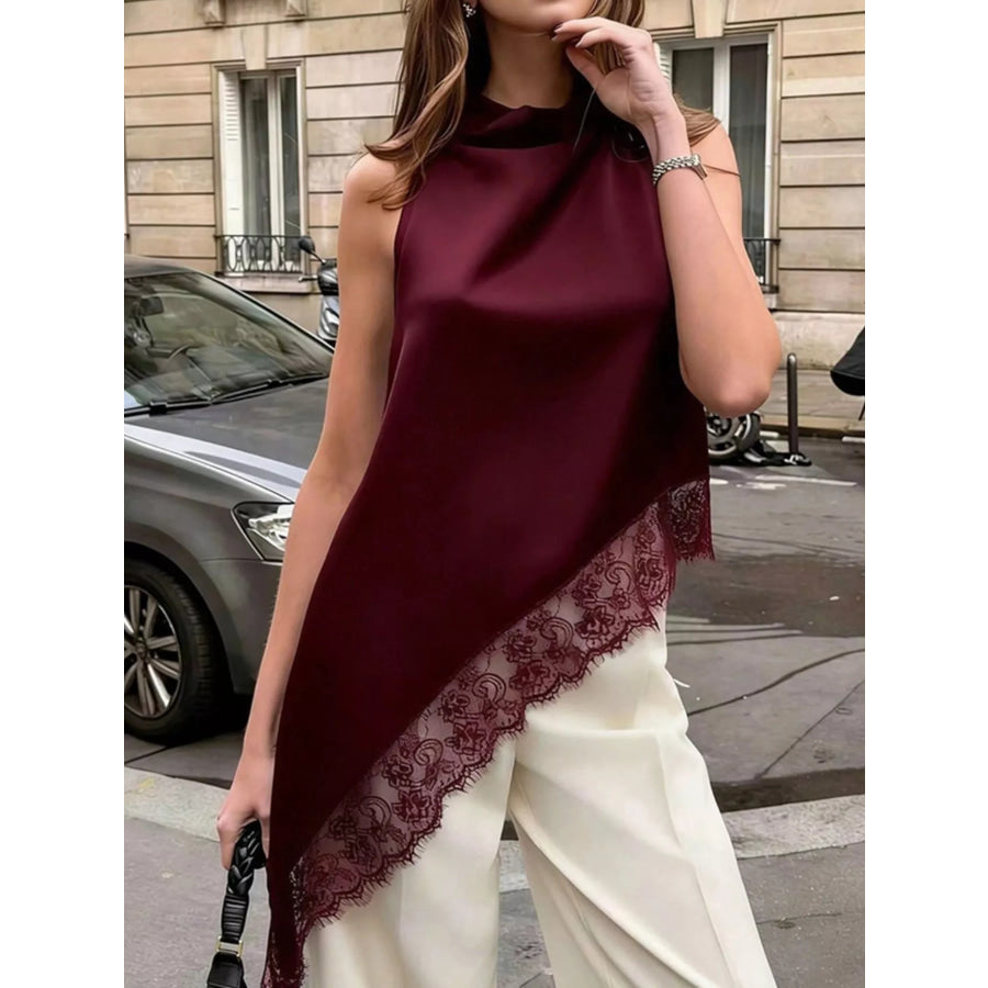 Polka Dot Lace Trim Asymmetrical Hem Sleeveless Blouse Burgundy / S Apparel and Accessories
