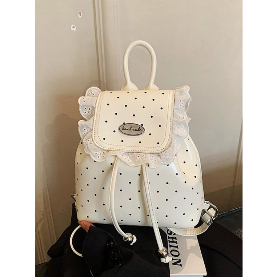 Polka Dot Lace Trim Backpack Bag Cream / One Size Apparel and Accessories
