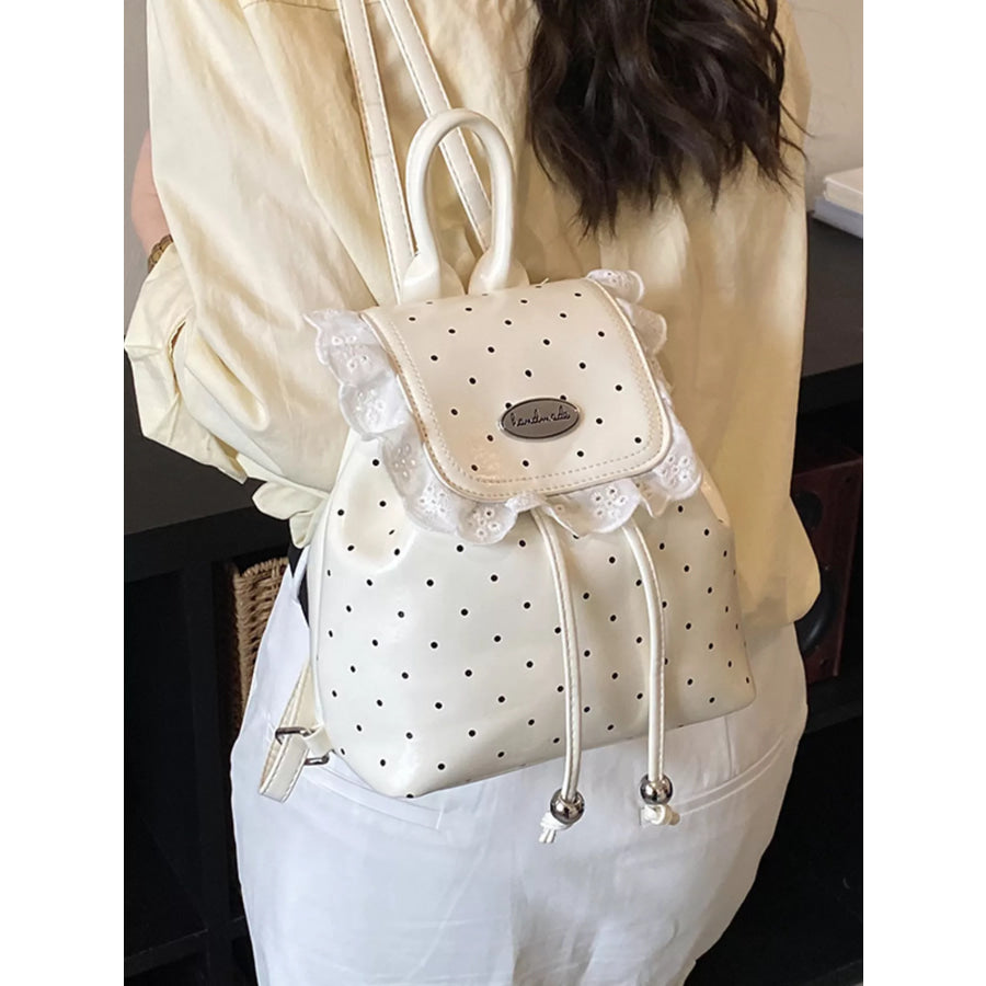 Polka Dot Lace Trim Backpack Bag Cream / One Size Apparel and Accessories