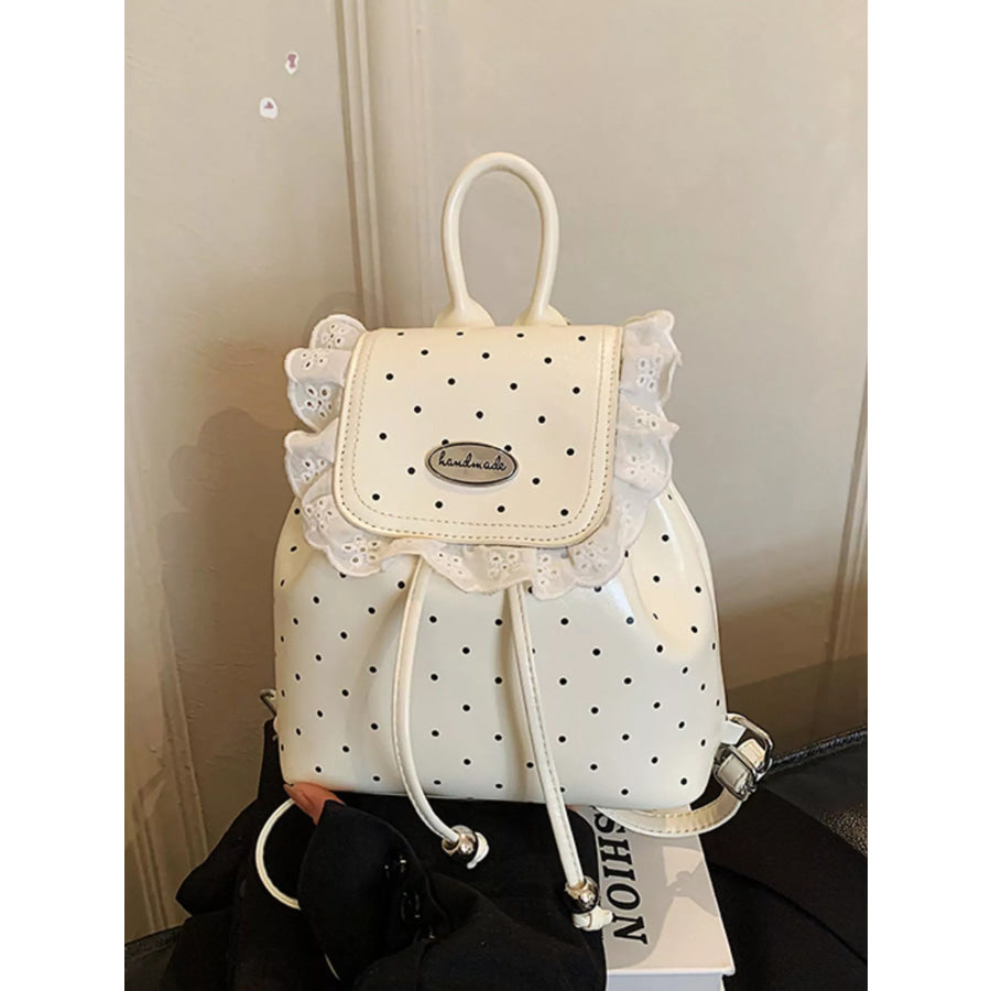 Polka Dot Lace Trim Backpack Bag Cream / One Size Apparel and Accessories
