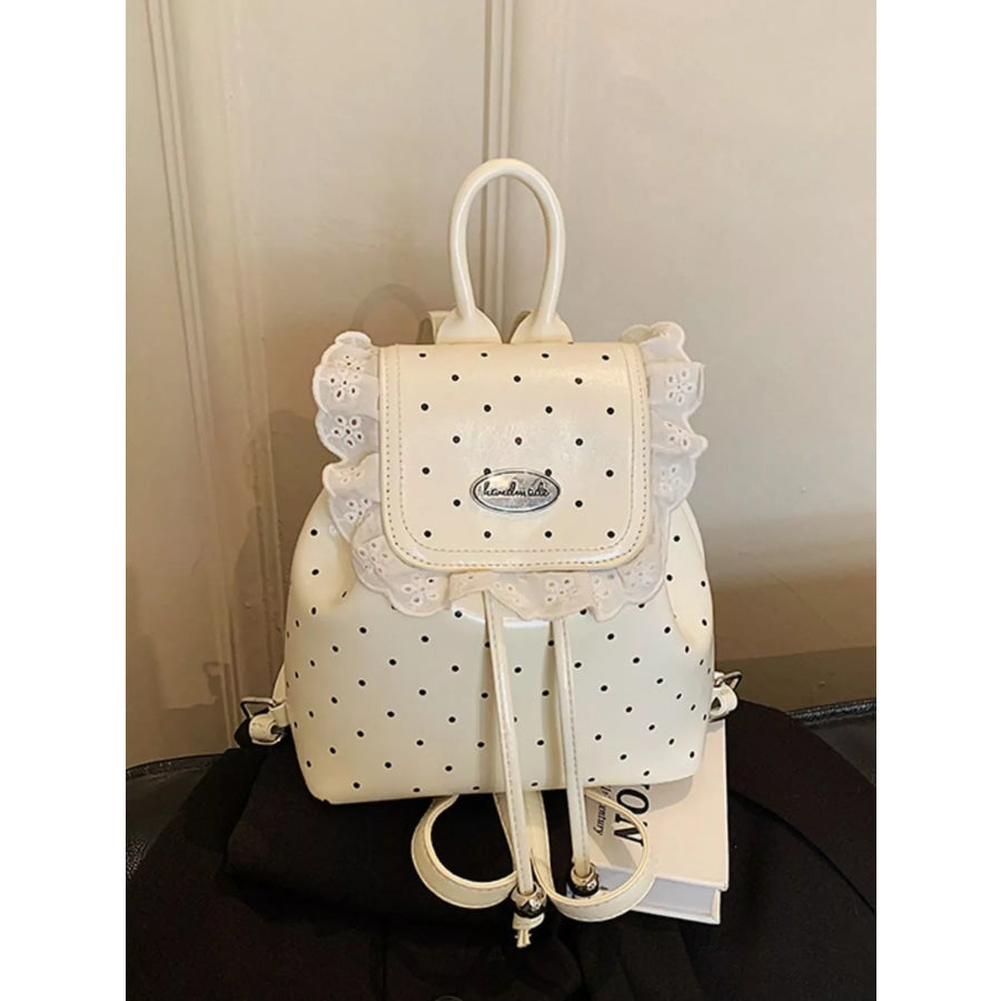 Polka Dot Lace Trim Backpack Bag Cream / One Size Apparel and Accessories