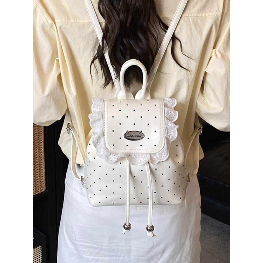 Polka Dot Lace Trim Backpack Bag Cream / One Size Apparel and Accessories