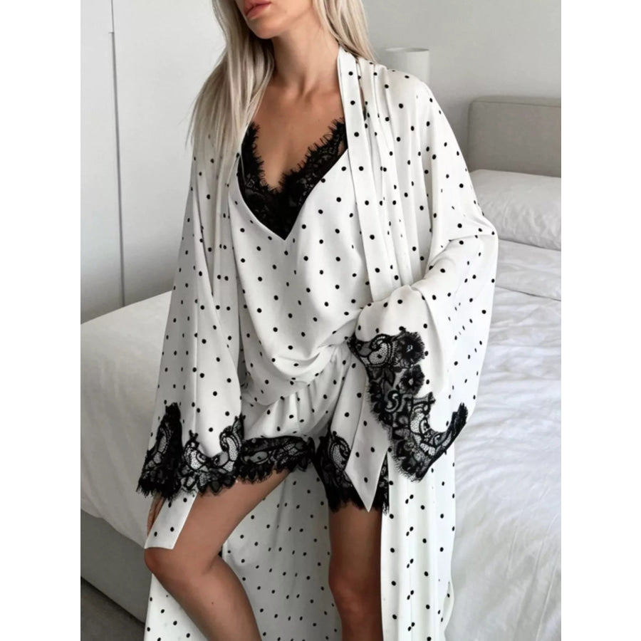 Polka Dot Lace Trim Cami & Cardigan and Shorts Set Apparel and Accessories