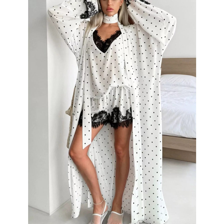Polka Dot Lace Trim Cami & Cardigan and Shorts Set Apparel and Accessories