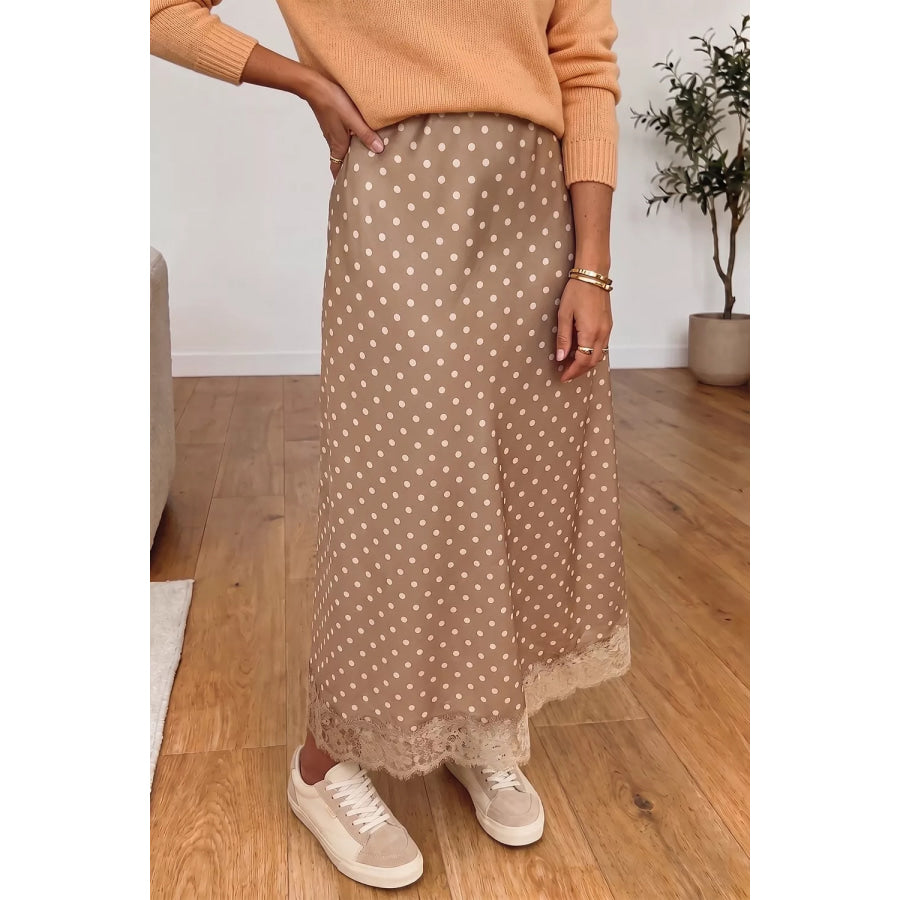 Polka Dot Lace Trim Midi Skirt Khaki / S Apparel and Accessories