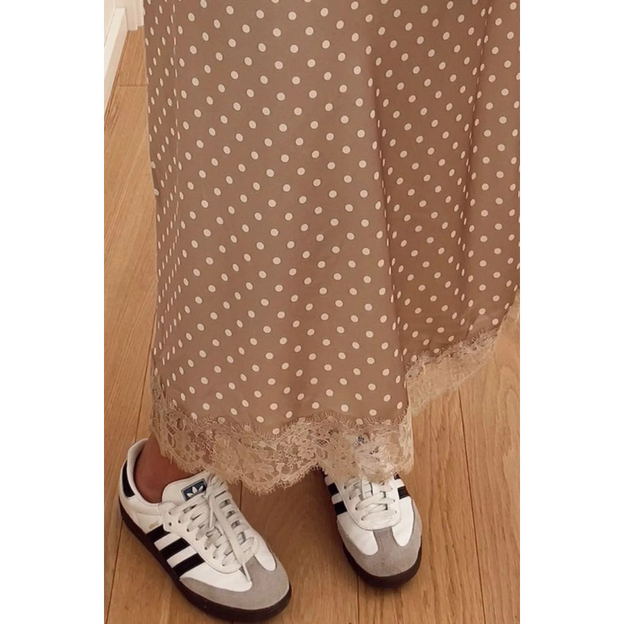 Polka Dot Lace Trim Midi Skirt Apparel and Accessories