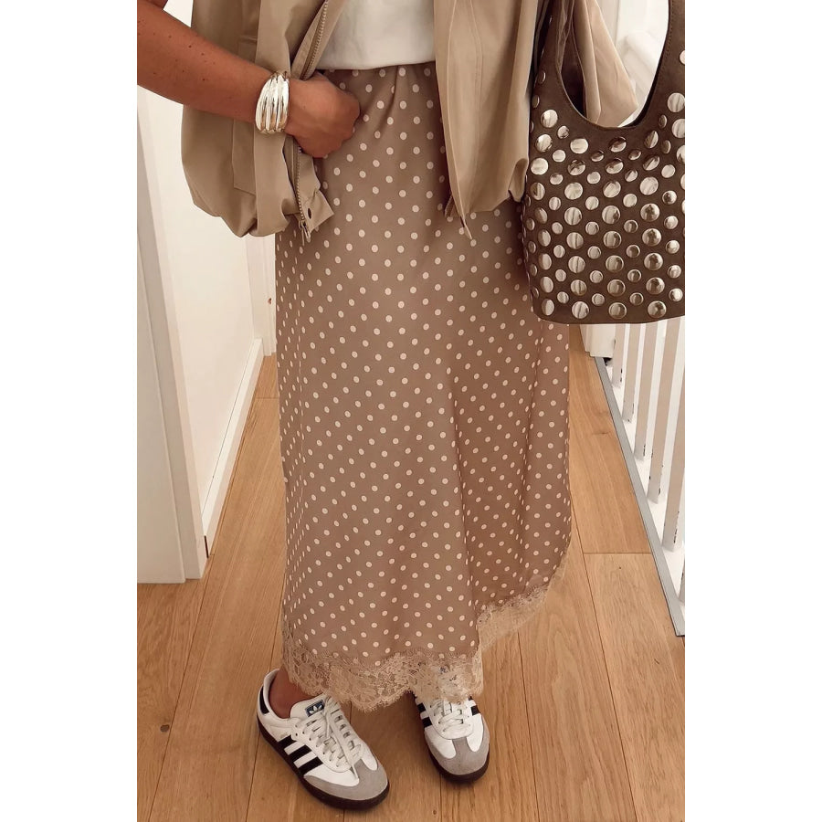 Polka Dot Lace Trim Midi Skirt Khaki / S Apparel and Accessories