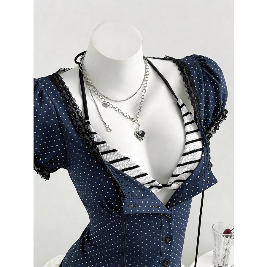 Polka Dot Lace Trim Puff Sleeve Top Apparel and Accessories
