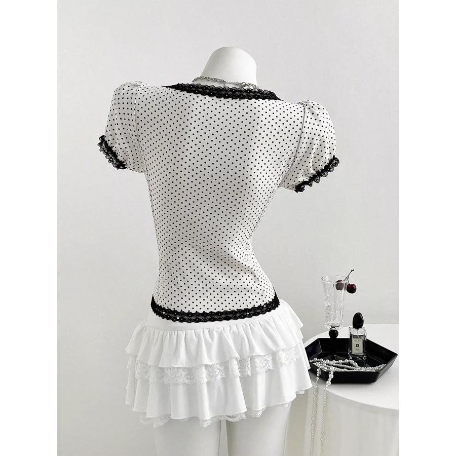 Polka Dot Lace Trim Puff Sleeve Top Apparel and Accessories