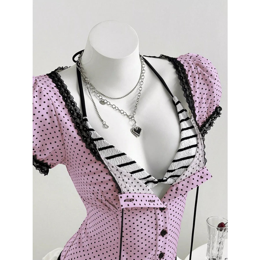 Polka Dot Lace Trim Puff Sleeve Top Apparel and Accessories