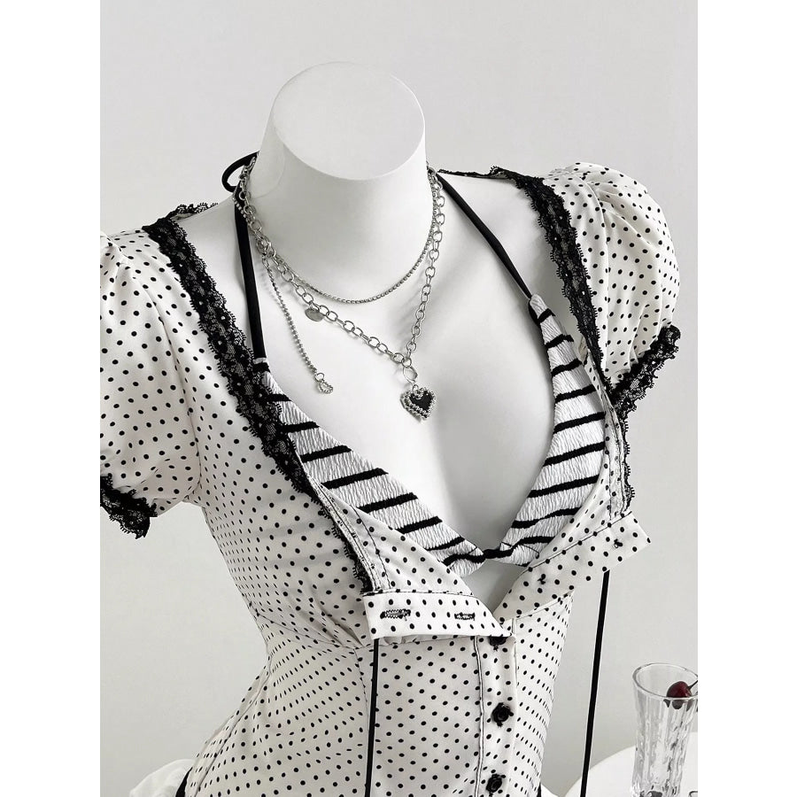 Polka Dot Lace Trim Puff Sleeve Top Apparel and Accessories