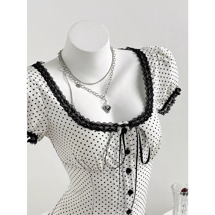 Polka Dot Lace Trim Puff Sleeve Top Apparel and Accessories