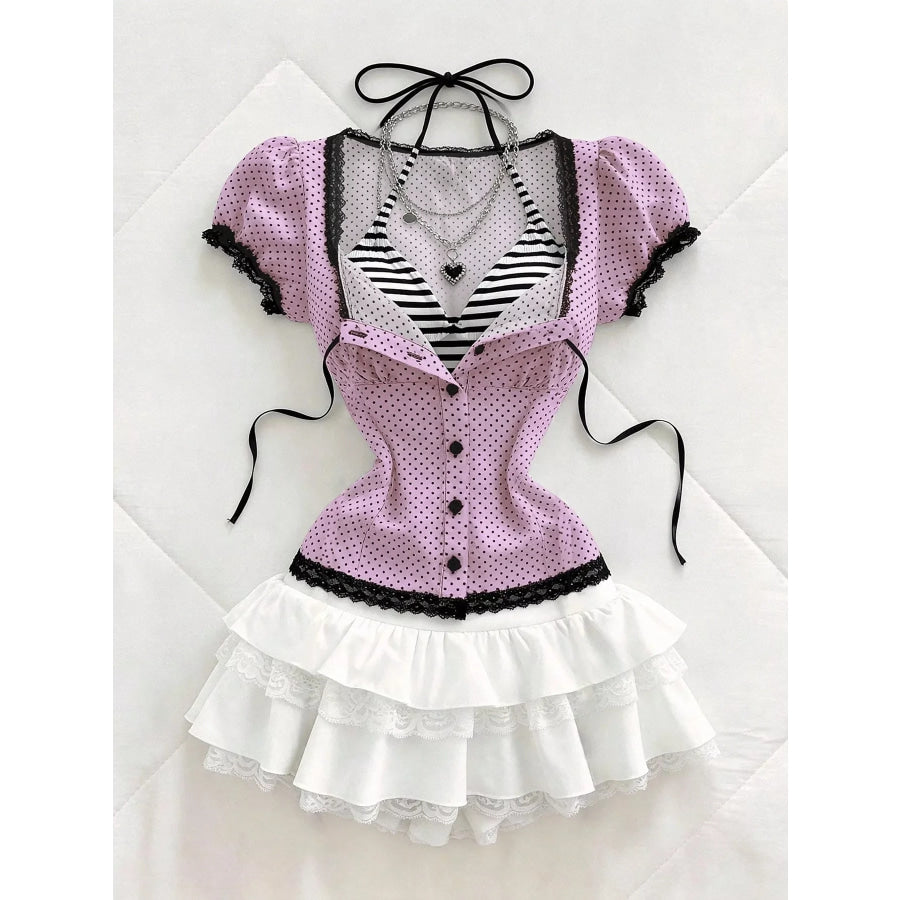 Polka Dot Lace Trim Puff Sleeve Top Apparel and Accessories