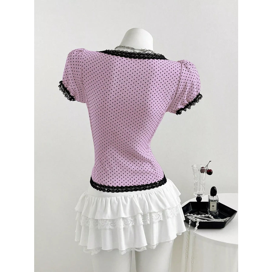 Polka Dot Lace Trim Puff Sleeve Top Apparel and Accessories