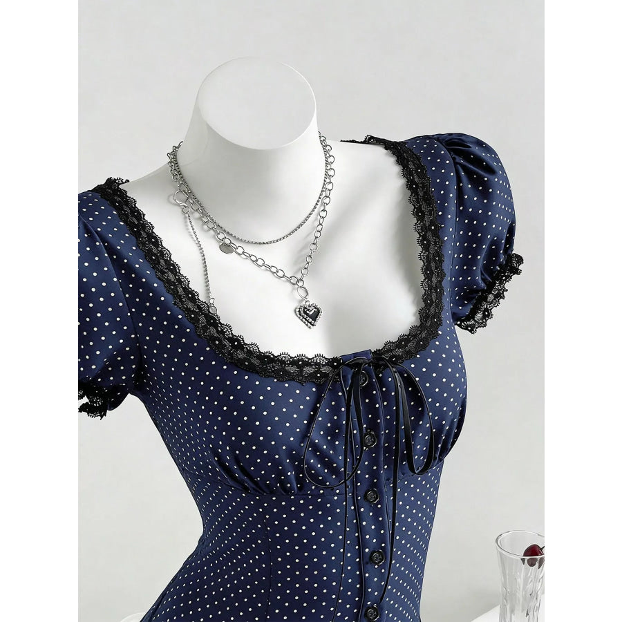 Polka Dot Lace Trim Puff Sleeve Top Apparel and Accessories