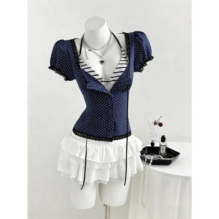 Polka Dot Lace Trim Puff Sleeve Top Apparel and Accessories