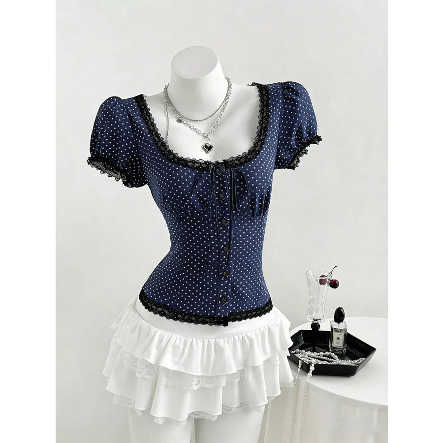 Polka Dot Lace Trim Puff Sleeve Top Apparel and Accessories