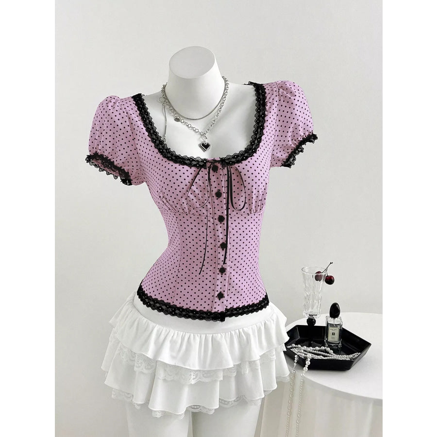 Polka Dot Lace Trim Puff Sleeve Top Apparel and Accessories
