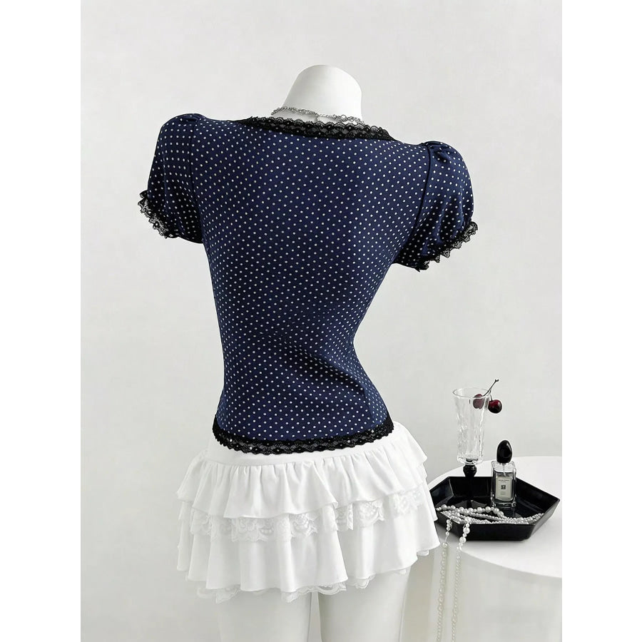 Polka Dot Lace Trim Puff Sleeve Top Apparel and Accessories