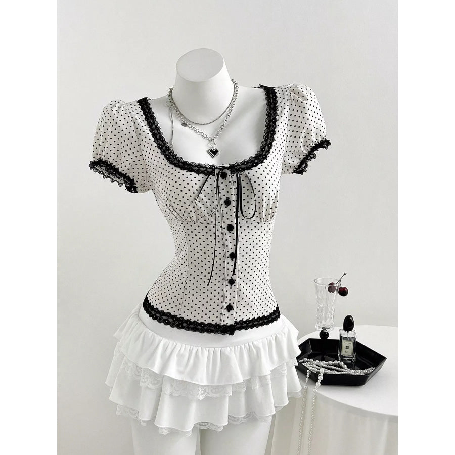 Polka Dot Lace Trim Puff Sleeve Top Beige / S Apparel and Accessories