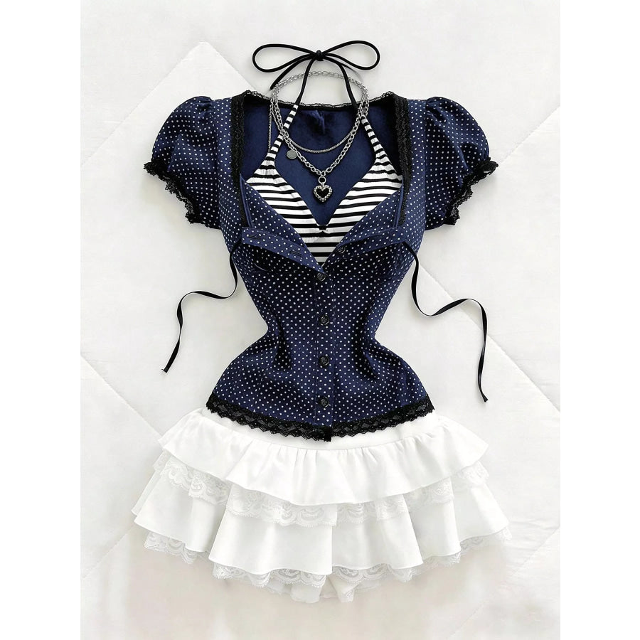 Polka Dot Lace Trim Puff Sleeve Top Dark Blue / S Apparel and Accessories