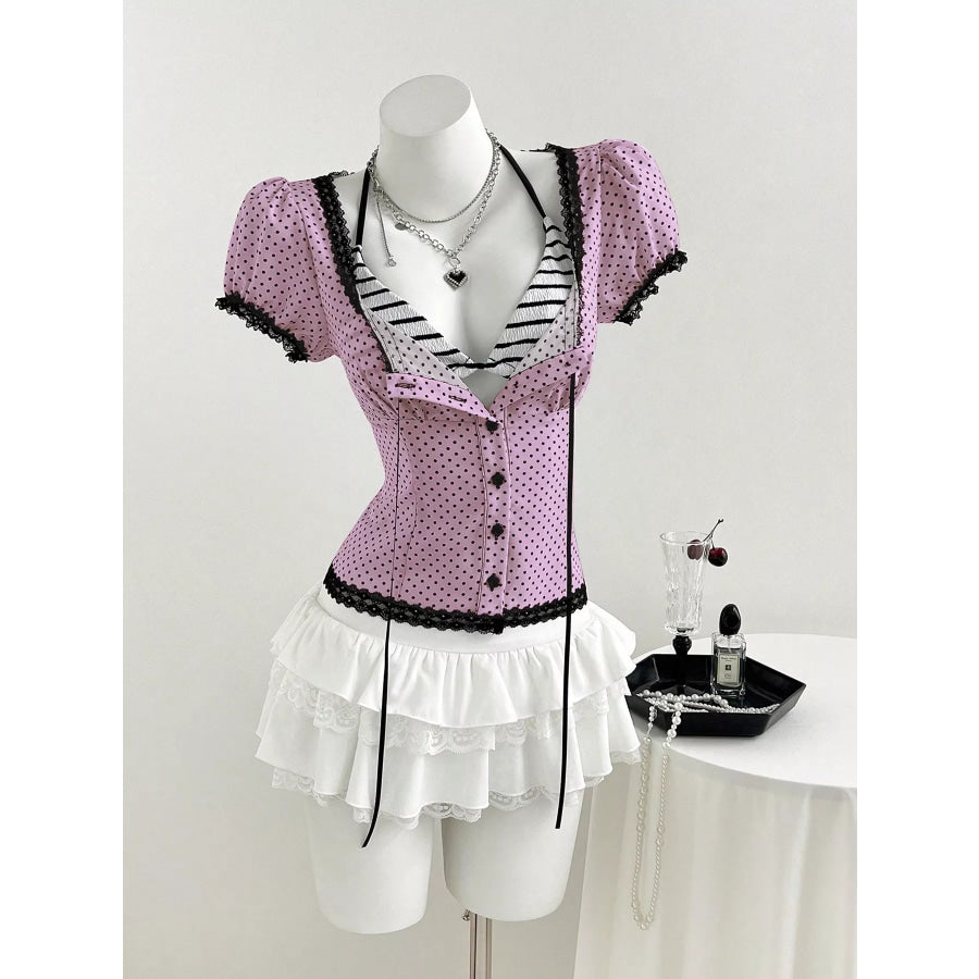 Polka Dot Lace Trim Puff Sleeve Top Pink Purple / S Apparel and Accessories