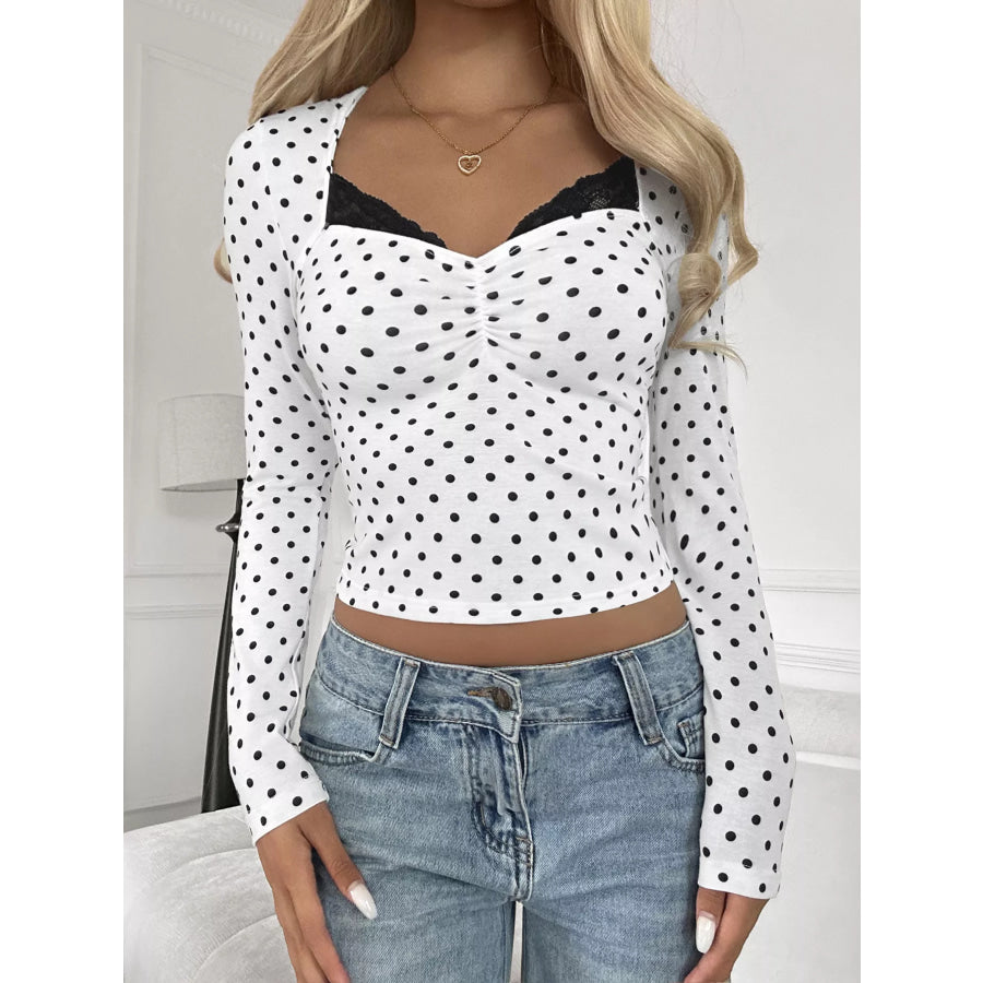 Polka Dot Lace Trim Ruched Long Sleeve T-Shirt Apparel and Accessories