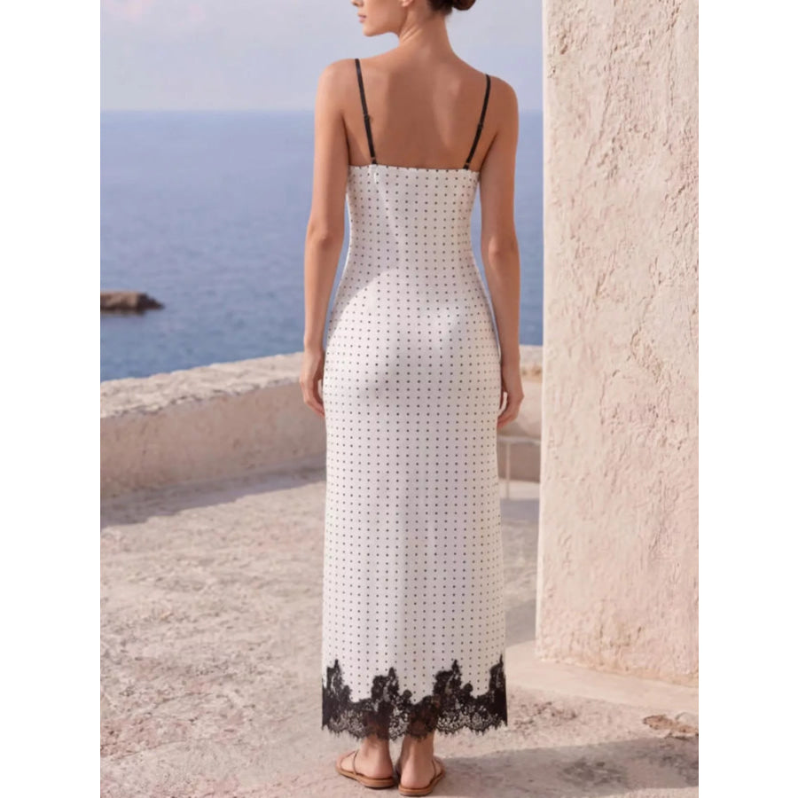 Polka Dot Lace Trim Spaghetti Strap Maxi Dress White / S Apparel and Accessories