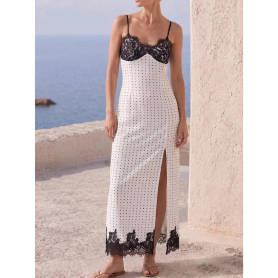 Polka Dot Lace Trim Spaghetti Strap Maxi Dress White / S Apparel and Accessories