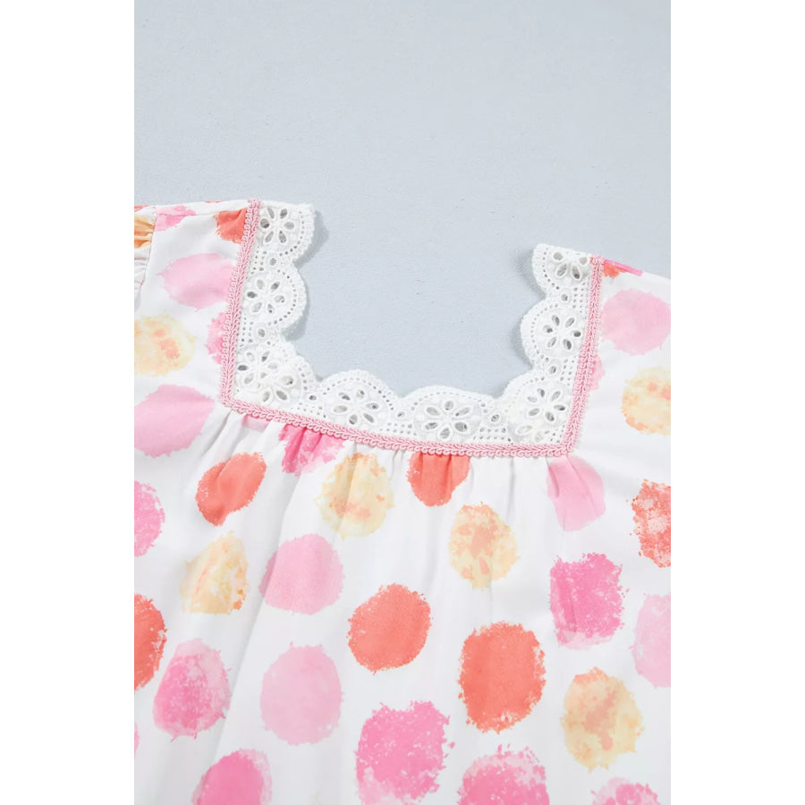 Polka Dot Lace Trim Square Neck Puff Sleeve Blouse Apparel and Accessories