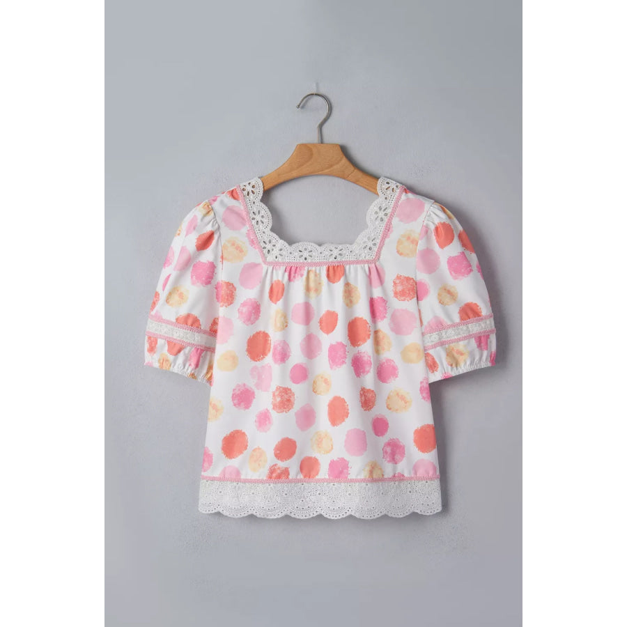 Polka Dot Lace Trim Square Neck Puff Sleeve Blouse Apparel and Accessories