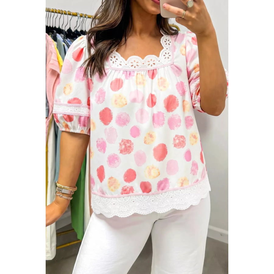Polka Dot Lace Trim Square Neck Puff Sleeve Blouse Apparel and Accessories