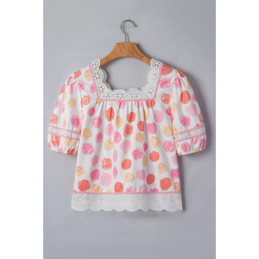 Polka Dot Lace Trim Square Neck Puff Sleeve Blouse Apparel and Accessories