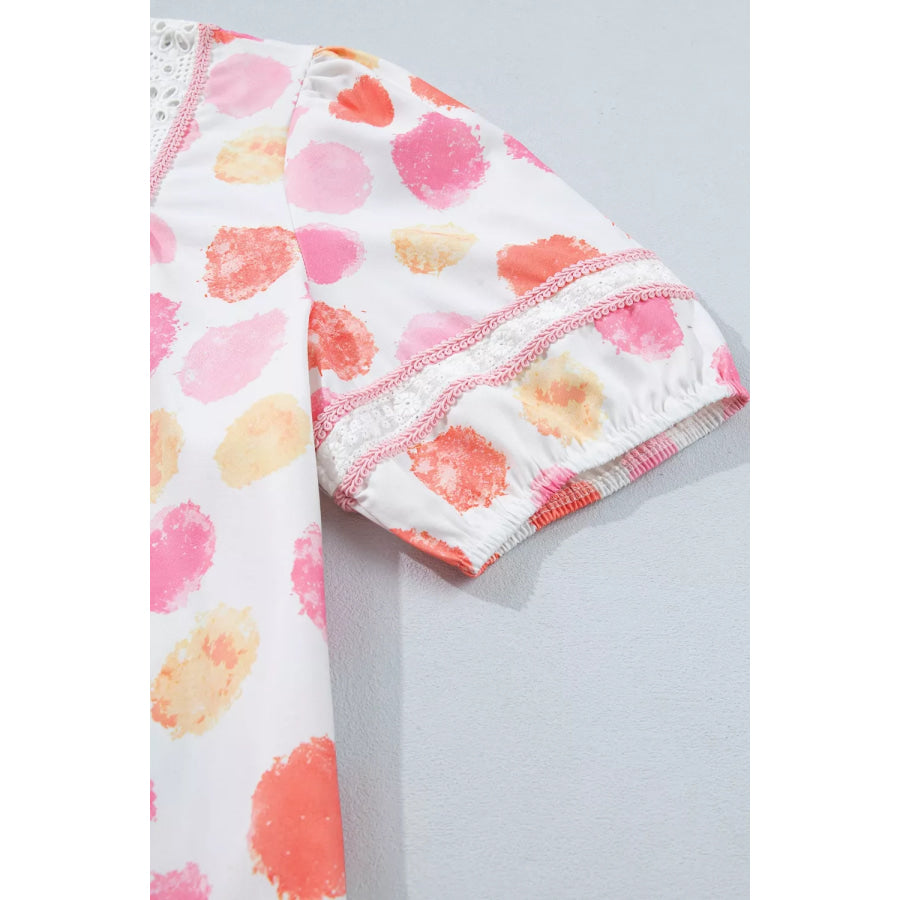 Polka Dot Lace Trim Square Neck Puff Sleeve Blouse Apparel and Accessories